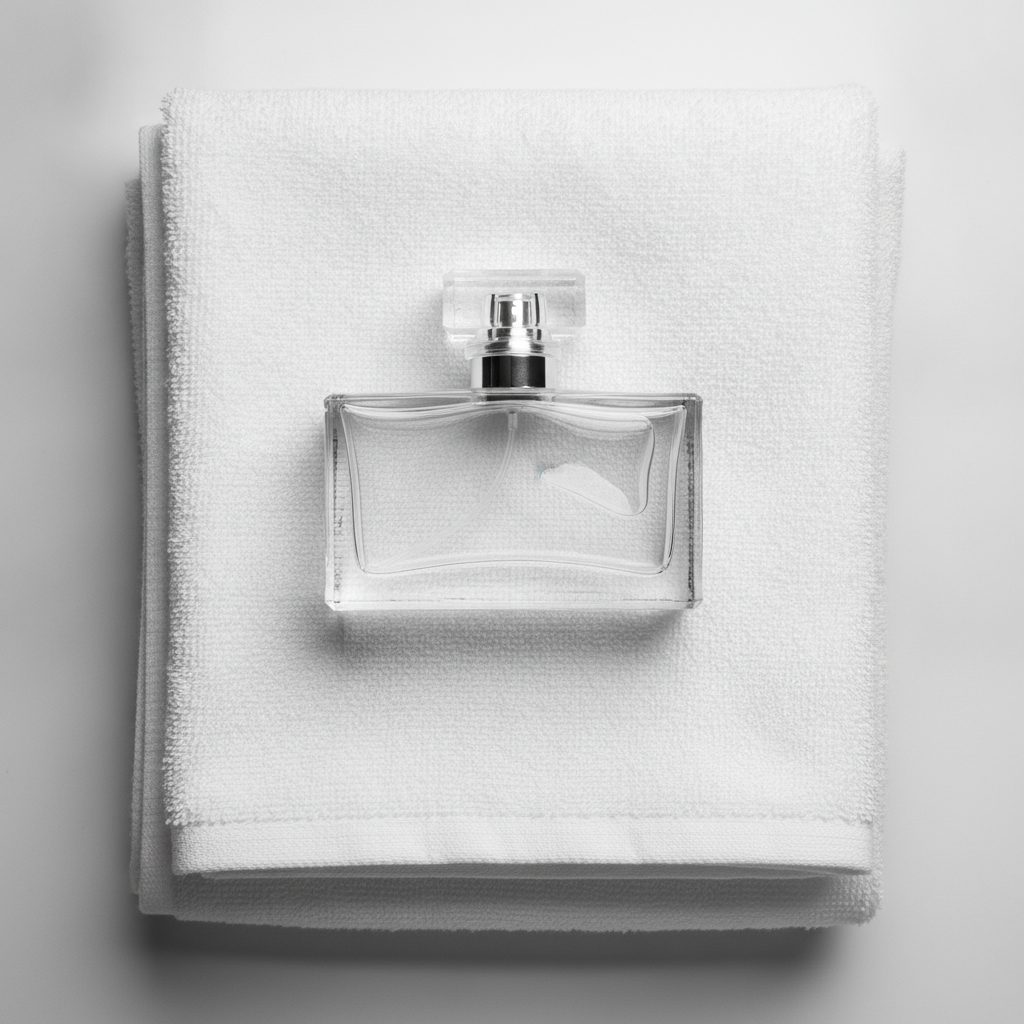 Rectangular glass fragrance bottle lying on a dark surface